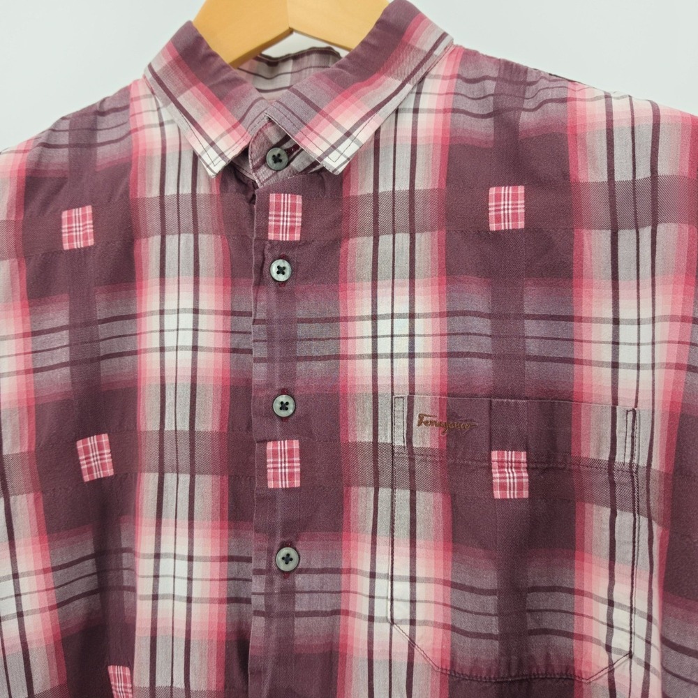 Salvatore Ferragamo Mens XL Plaid Short Sleeve Button Up Shirt Burgundy Italy
